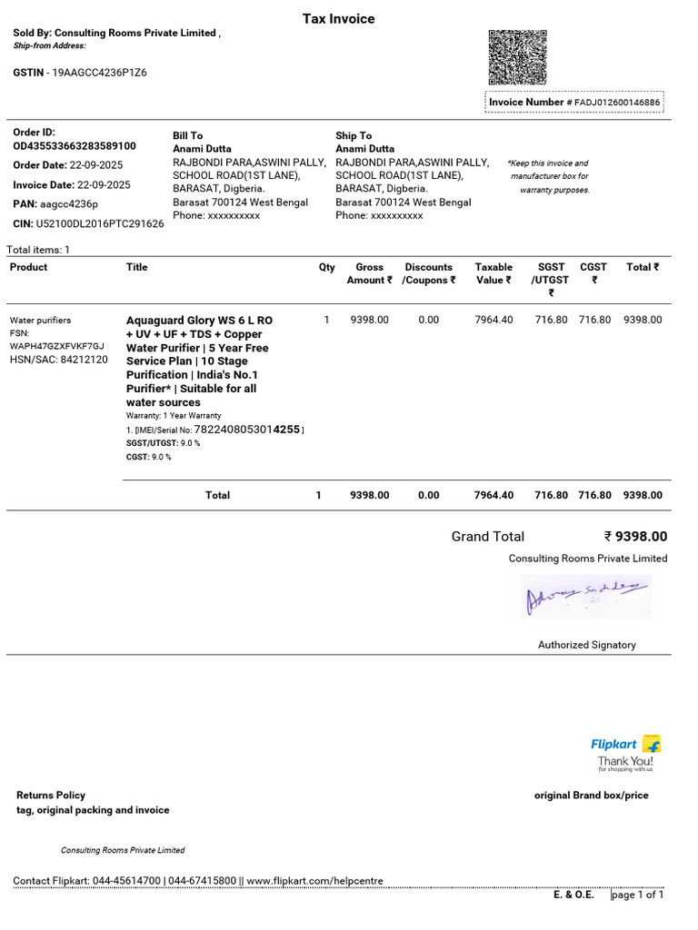 Invoice for Water Purifier and Geyser | PDF | Payments