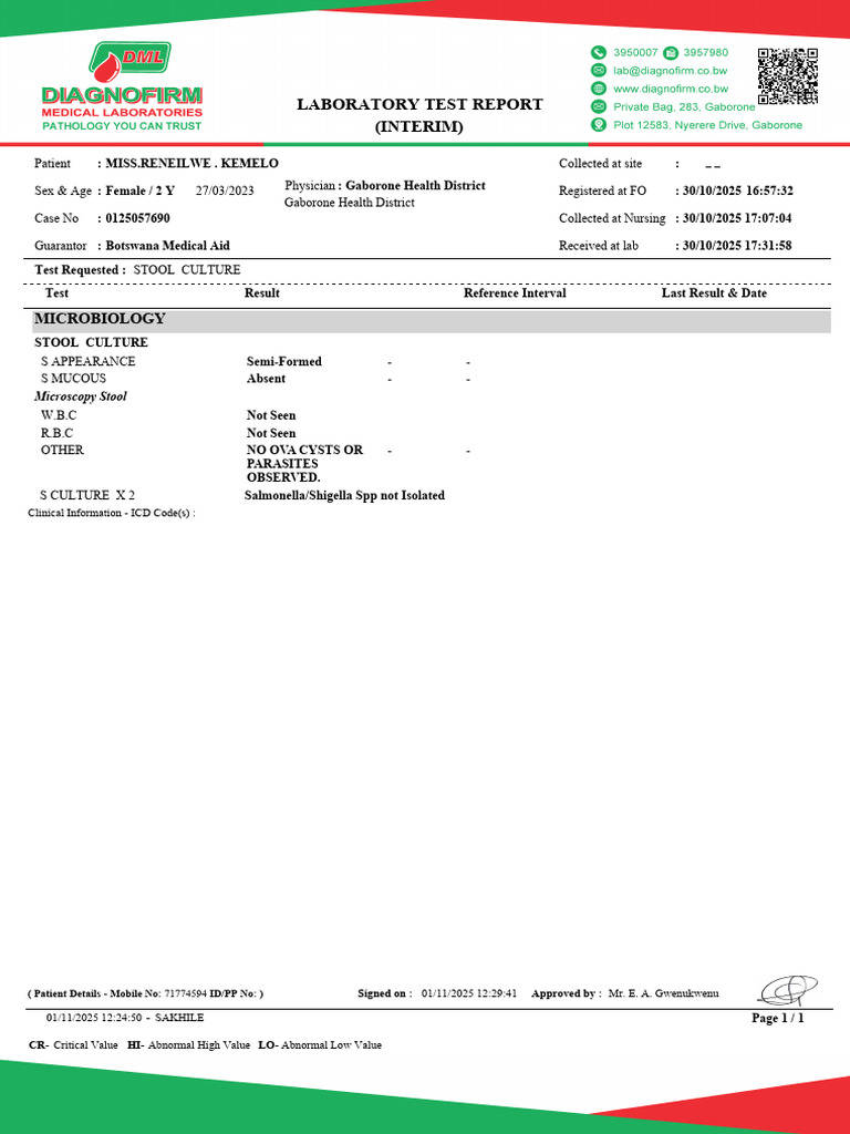 Interim Stool Culture Test Report | PDF