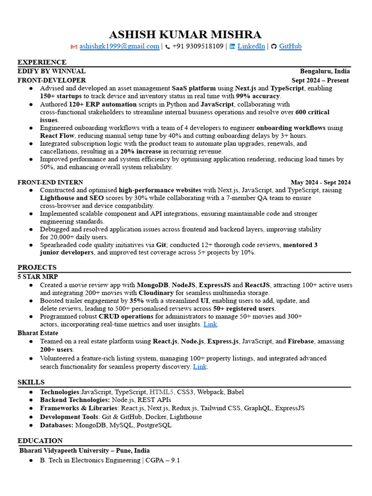 Front-End Developer Resume of Ashish Kumar | PDF | Software ...