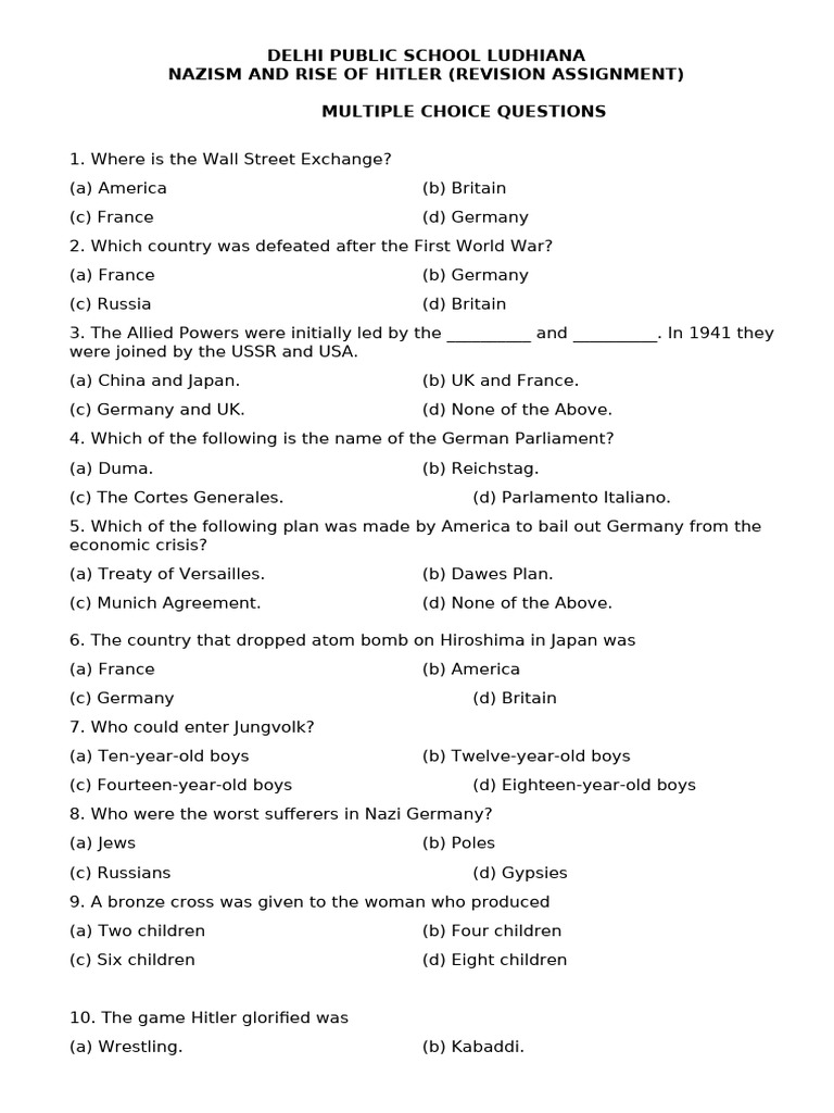 Nazism and Hitler: Revision MCQs | PDF | Adolf Hitler | Nazi Germany