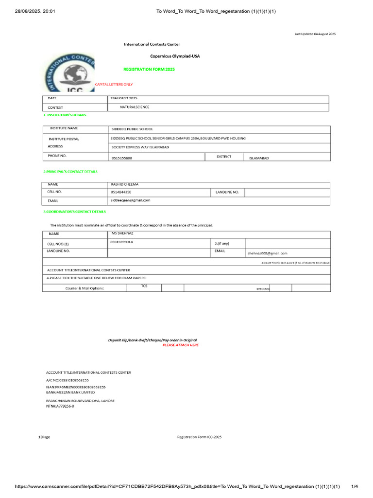 ICC Student Registration Form 2025 | PDF