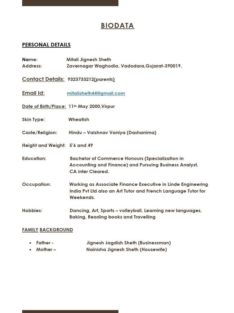 Mitali Sheth's Comprehensive Biodata | PDF