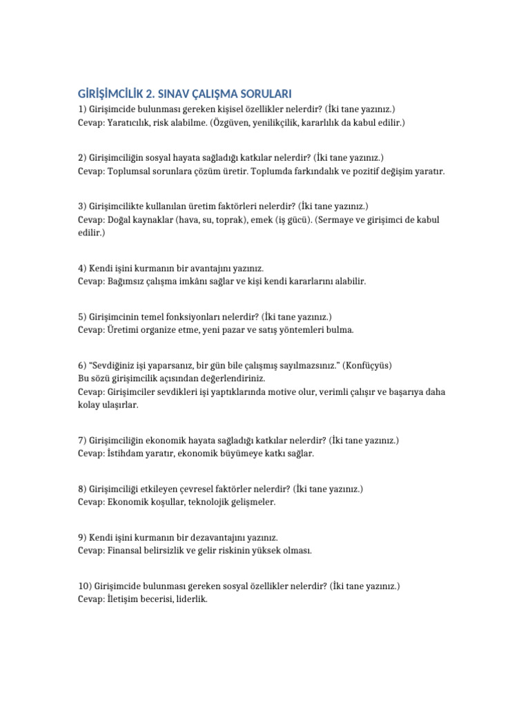 Girisimcilik 2 Sinav Calisma Sorulari | PDF