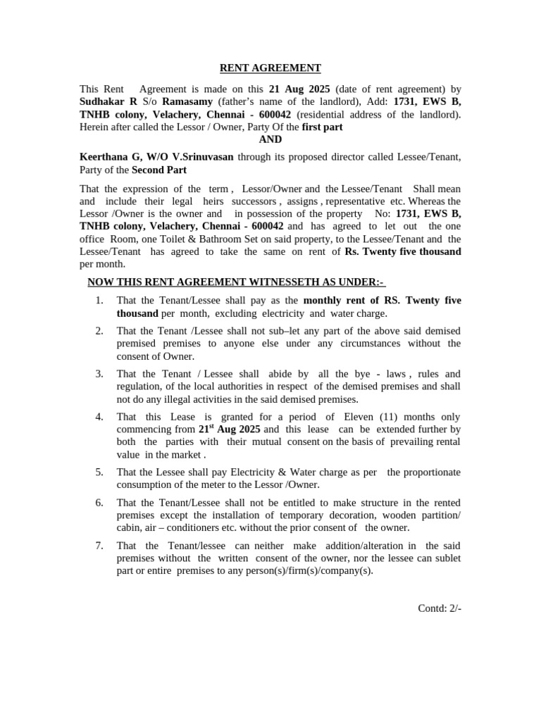 Chennai Office Rent Agreement 2025 | PDF | Lease | Leasehold Estate