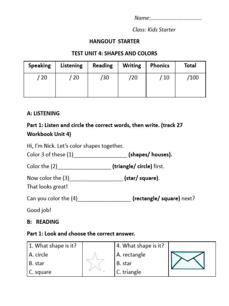 Kids Shapes and Colors Test Unit 4 | PDF | Euclidean Geometry | Chess ...
