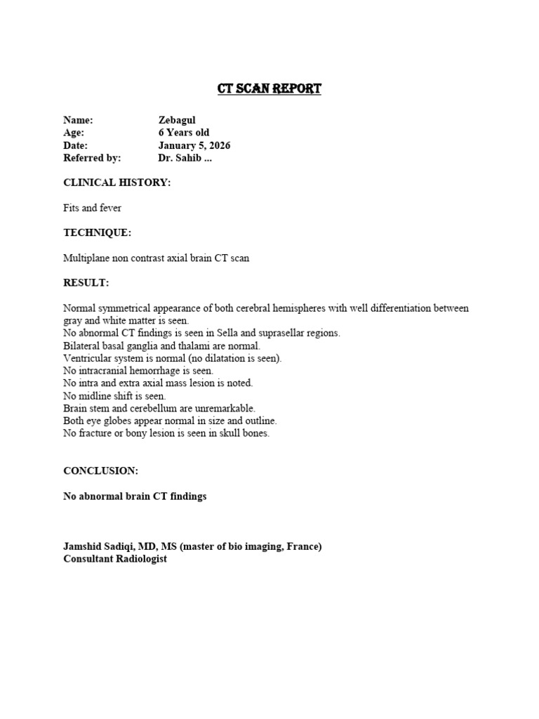 Normal Brain CT Scan Report for Child | PDF