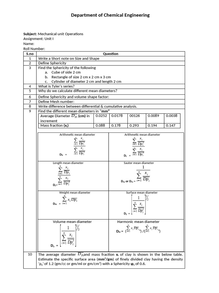 Mechanical Unit Operations Assignment | PDF | Volume
