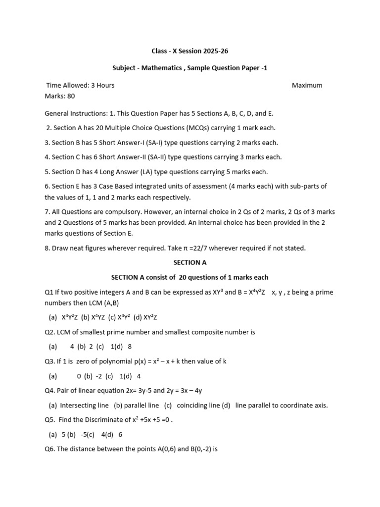 Class X Math Sample Paper 2025-26 | PDF | Circle | Geometry
