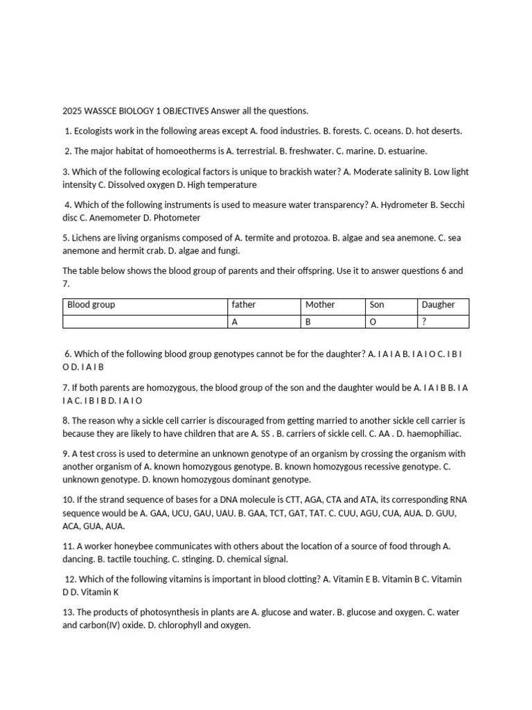 2025 WASSCE Biology Objective Questions | PDF | Genotype | Zygosity