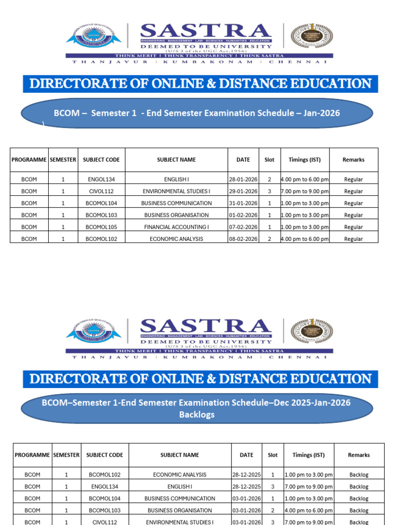 BCOM Semester Exam Schedule 2026 | PDF | Business | Economies