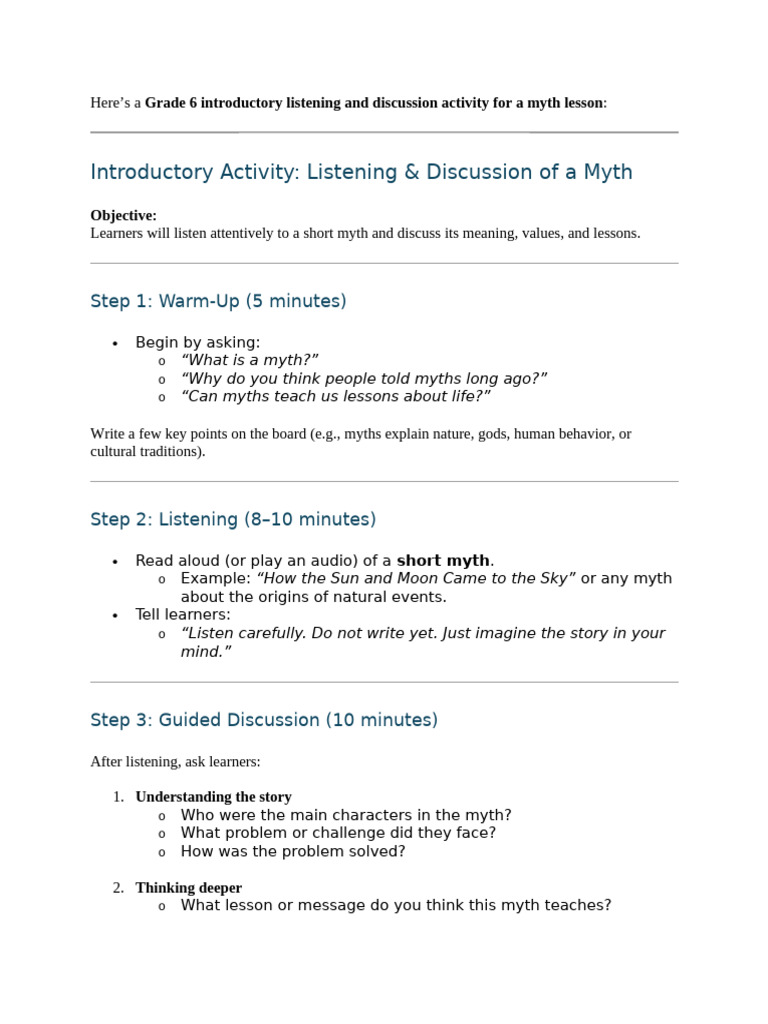 Grade 6 Myth Listening Activity Guide | PDF