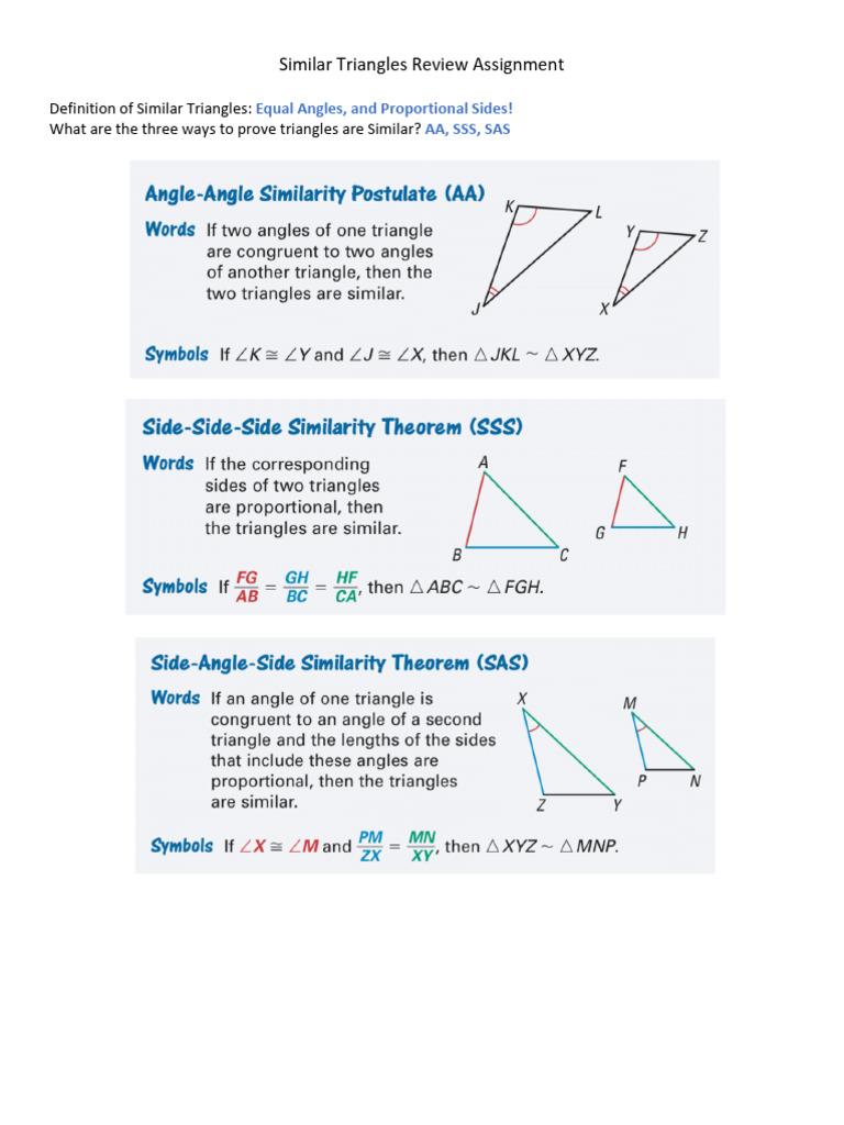 Similar Triangles Review Assignment | PDF