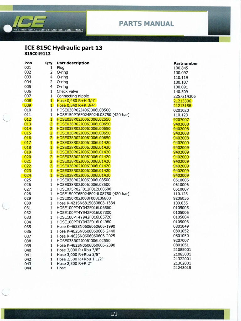 ICE 815C Hydraulic Parts List | PDF