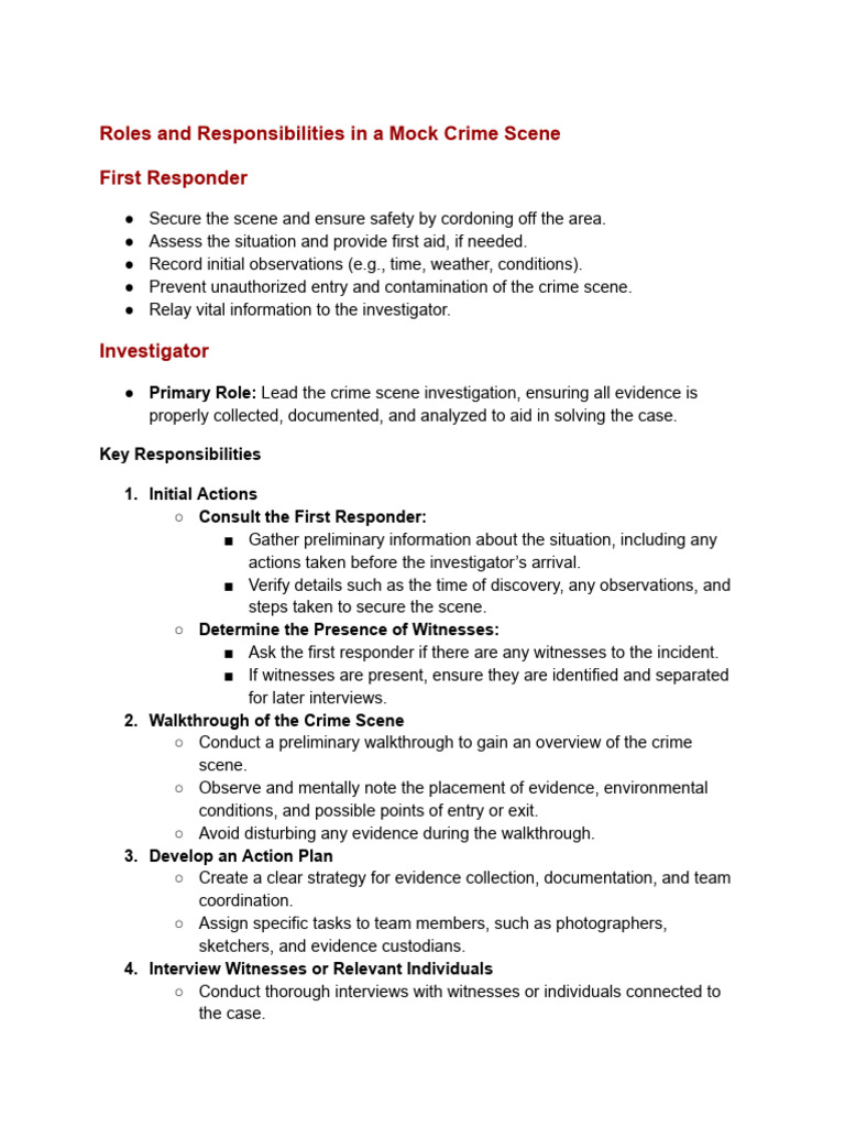 Mock Crime Scene Roles Explained | PDF | Crime Scene