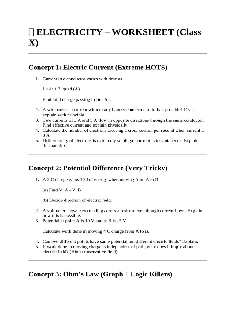 Class X Electricity Worksheet | PDF | Voltage | Series And Parallel ...