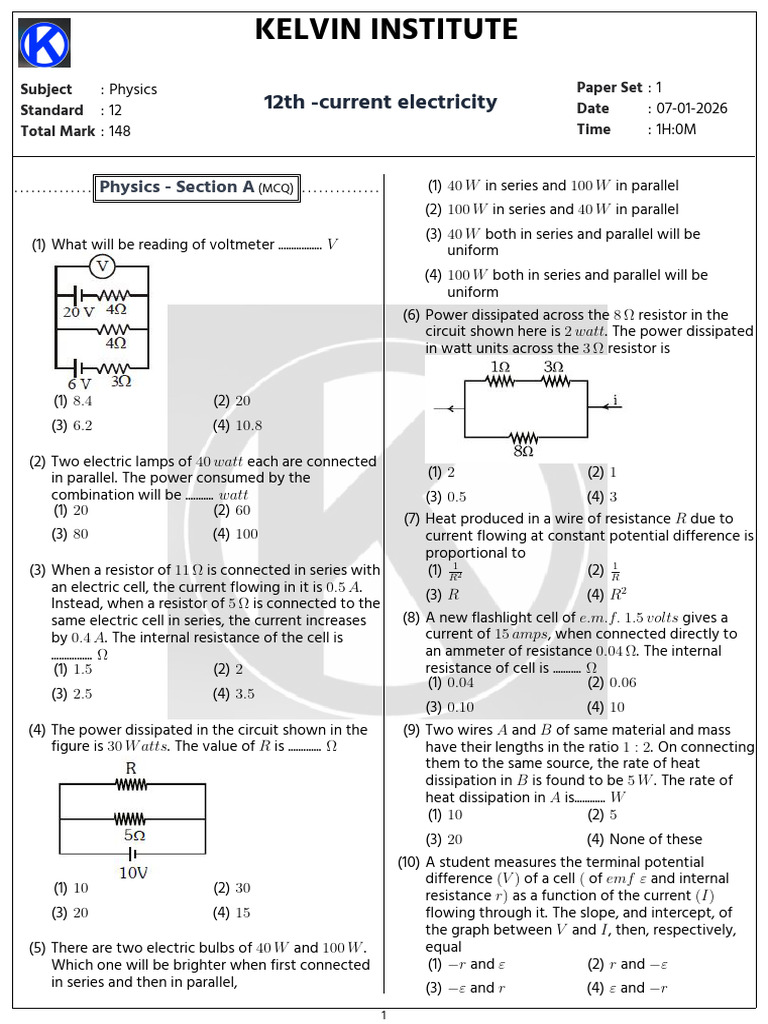 12th Grade Physics Current Electricity Exam | PDF | Electric Current | Volt