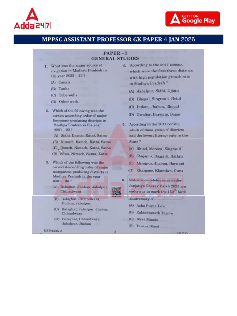 MPPSC Assistant Professor GK Paper 4 | PDF