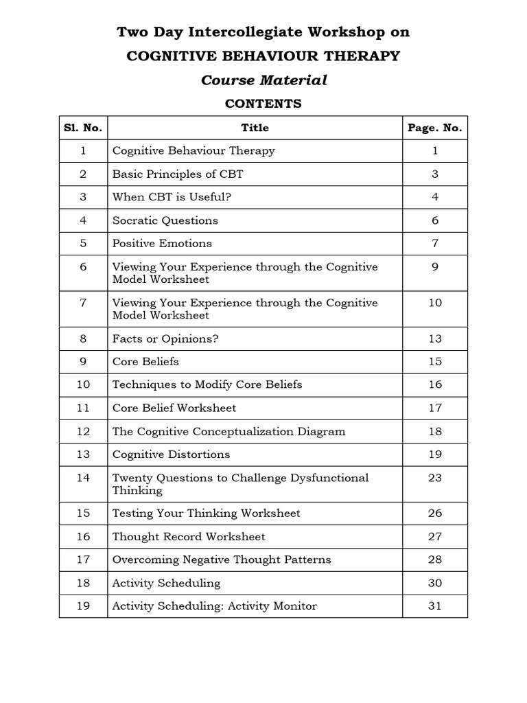 Two-Day Workshop on Cognitive Behaviour Therapy | PDF | Cognitive ...