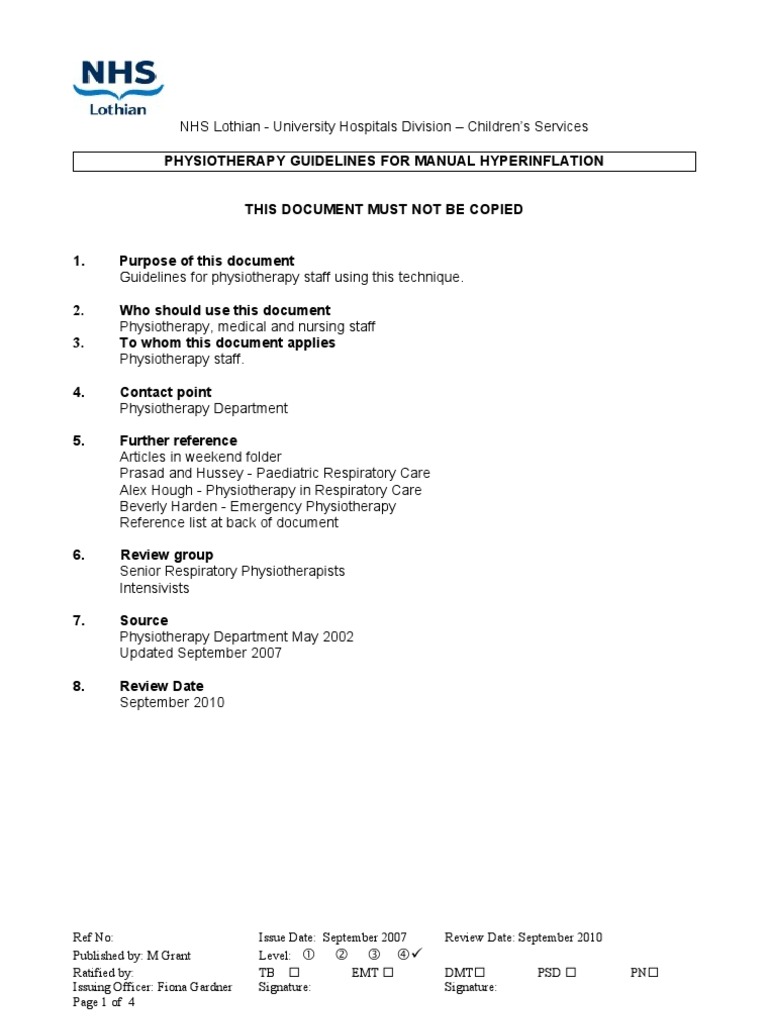 Physiotherapy Guidelines for Manual Hyperinflation Health Sciences