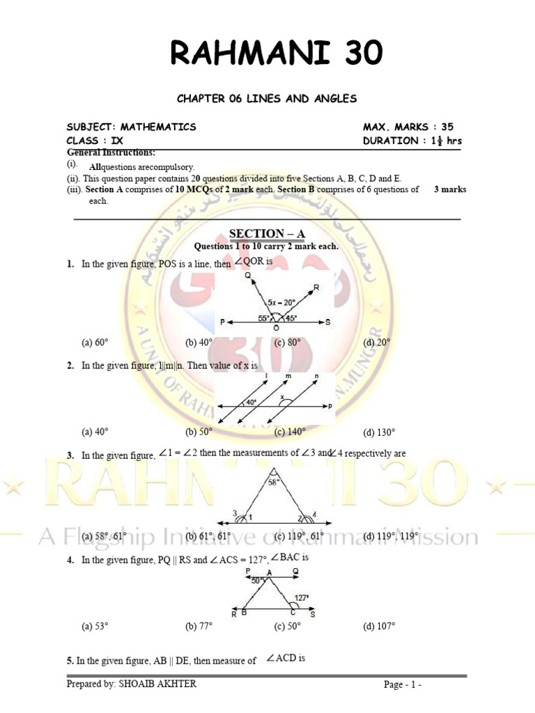 Lines and Angles Class IX Mathematics | PDF | Angle