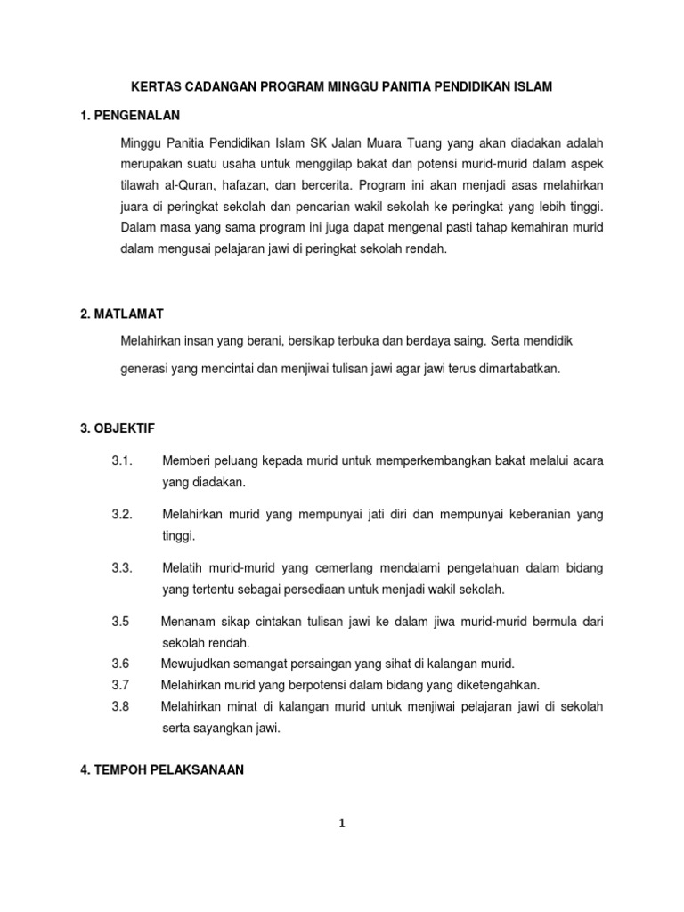 Kertas Cadangan Program Minggu Panitia Pendidikan Islam