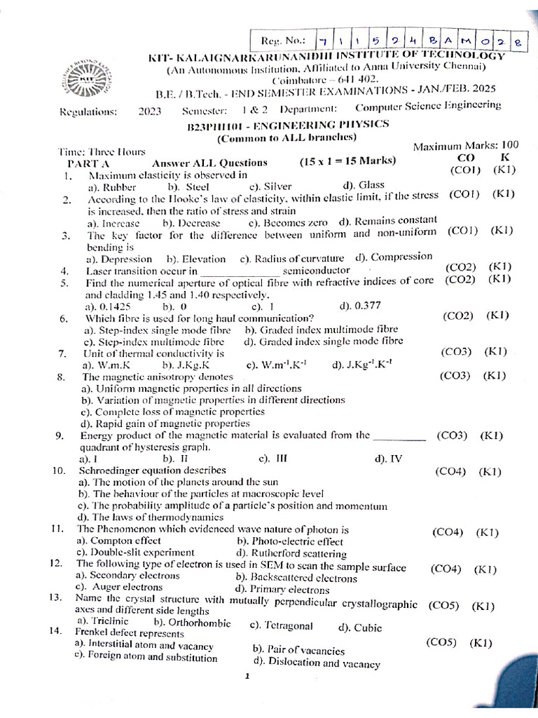 Engineering Physics 2025 QP | PDF