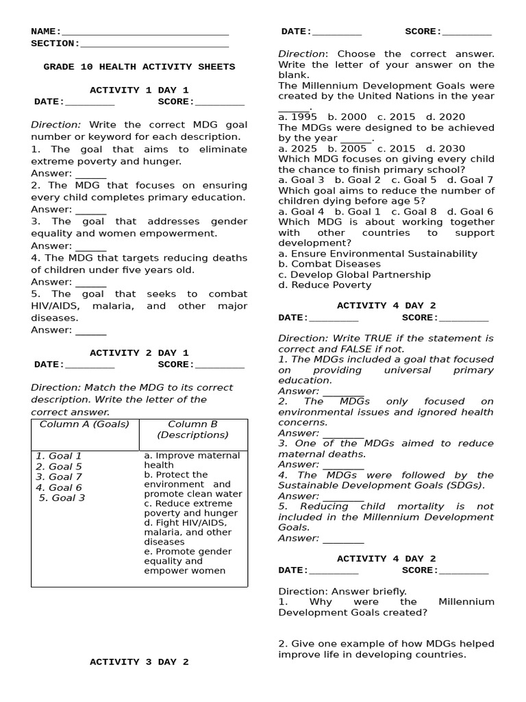 Grade 10 MDG Health Activity Sheets | PDF | Millennium Development ...