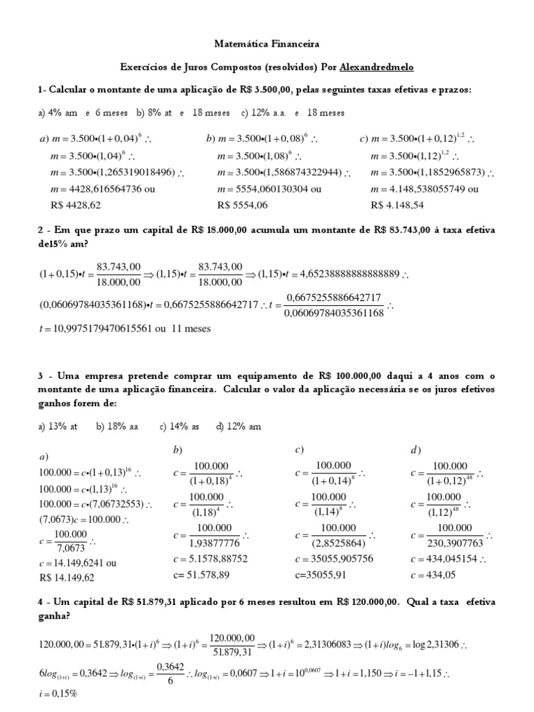 Exercícios Resolvidos de Juros Compostos | PDF | Aluguel | Juros
