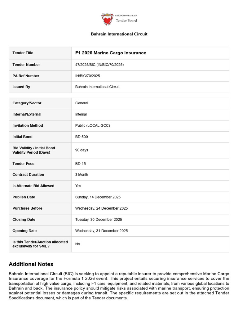 F1 2026 Marine Cargo Insurance Tender | PDF | Insurance | Bonds (Finance)