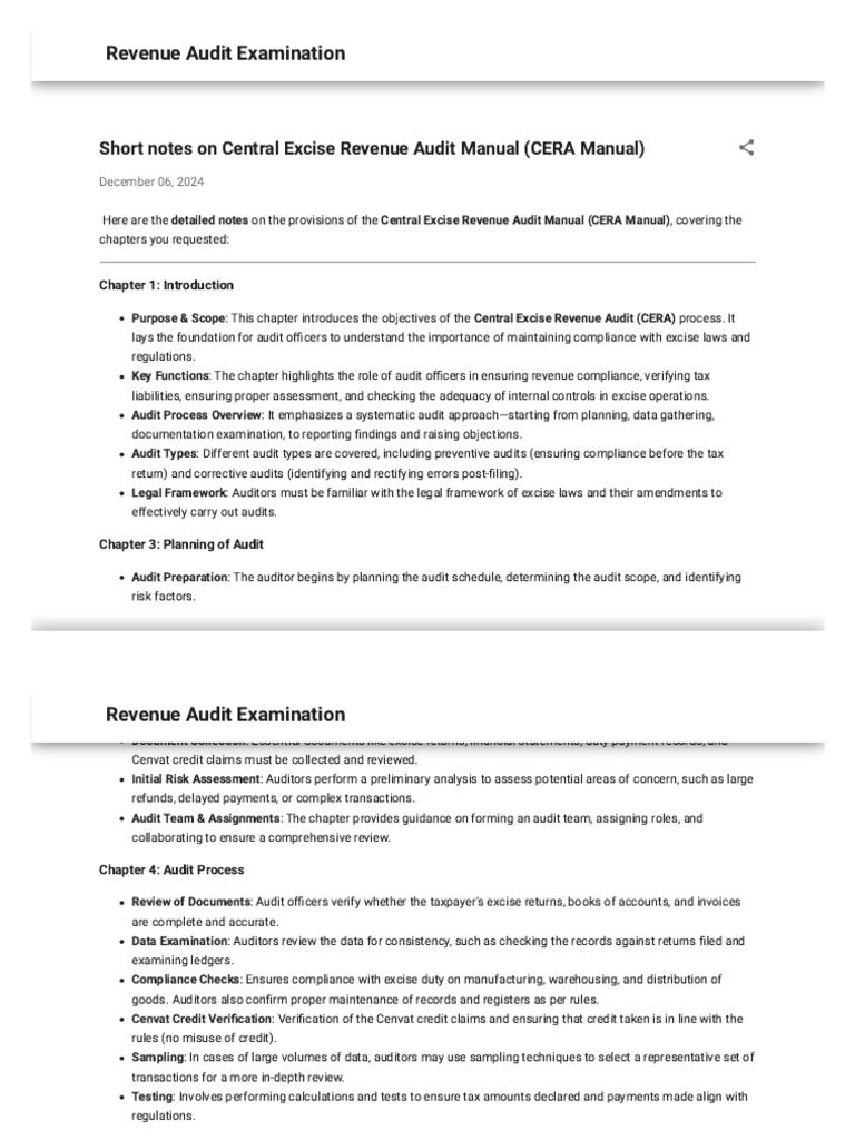Short Notes On Central Excise Revenue Audit Manual (CERA Manual) | PDF ...