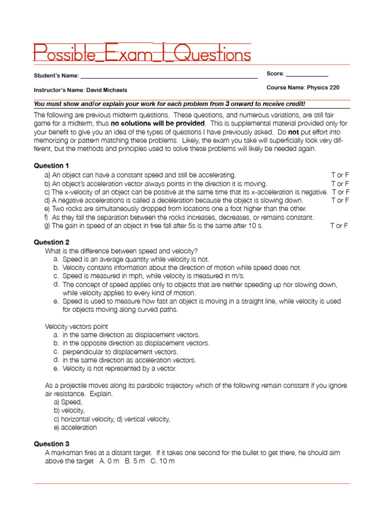 Physics 220 Midterm Exam Study Guide | PDF | Velocity | Acceleration