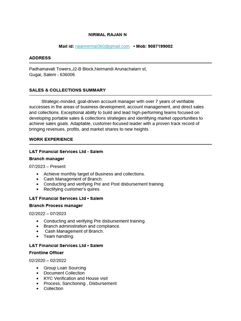 My Resume - Nirmal Rajan New | PDF | Business
