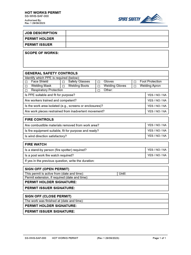 Hot Works Permit Safety Checklist | PDF