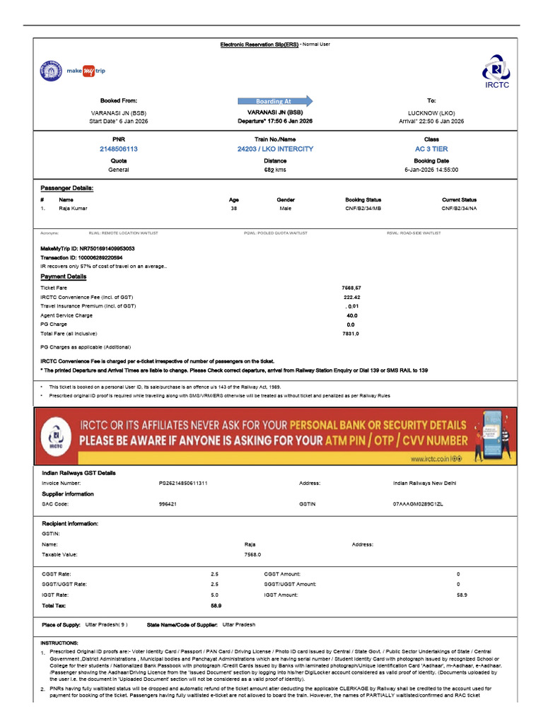 Electronic Reservation Slip for Train Ticket | PDF | Identity Document