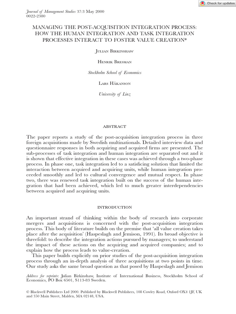 Managing The Post Acquisition Integration Process How The Human ...