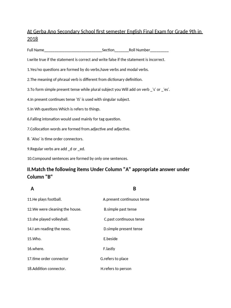 Grade 9 English Exam 2018 Questions | PDF