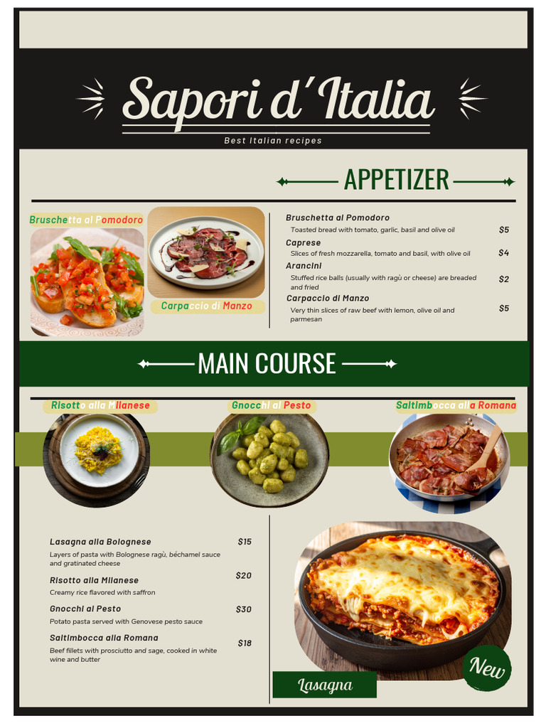 Authentic Italian Menu Highlights | PDF | Italian Cuisine | Pesto