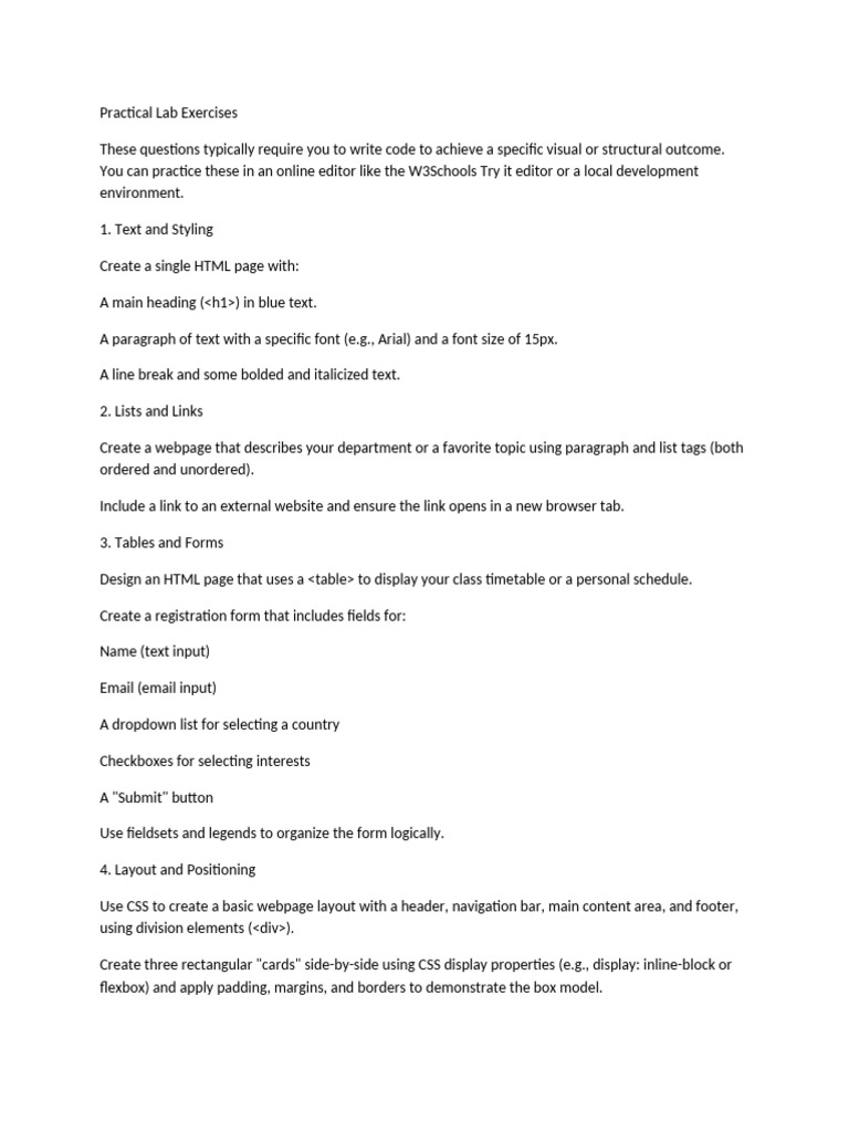 HTML & CSS Practical Lab Exercises | PDF