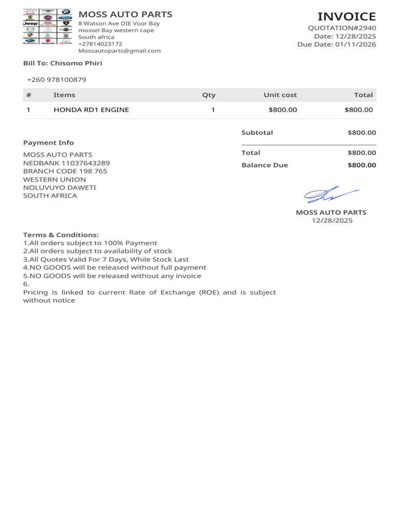 Invoice for Honda RD1 Engine Purchase | PDF
