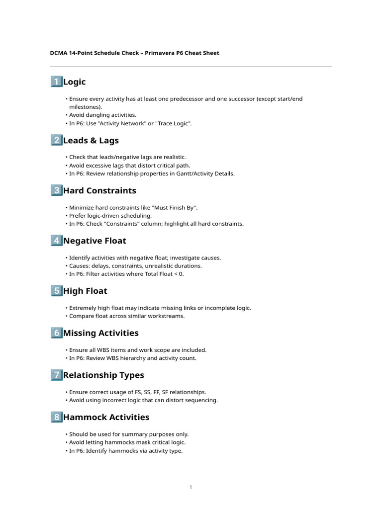 Primavera P6 DCMA Schedule Checklist | PDF