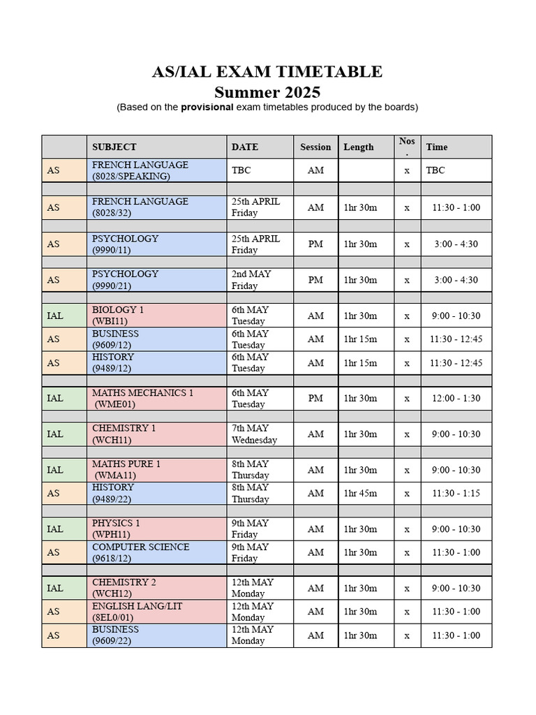 Summer 2025 AS/IAL Exam Timetable | PDF