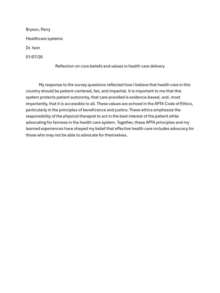 Reflection on Core Beliefs and Values in Health Care Delivery | PDF