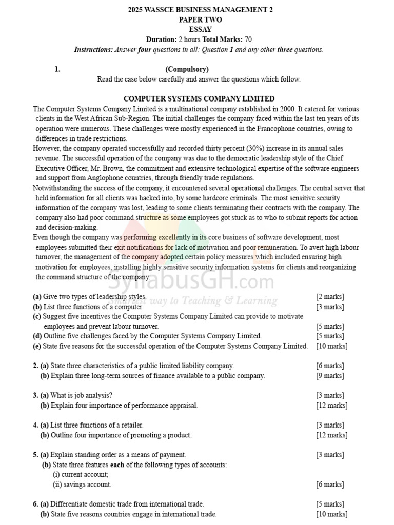 2025 WASSCE Business Management Exam Guide | PDF | Economies | Business