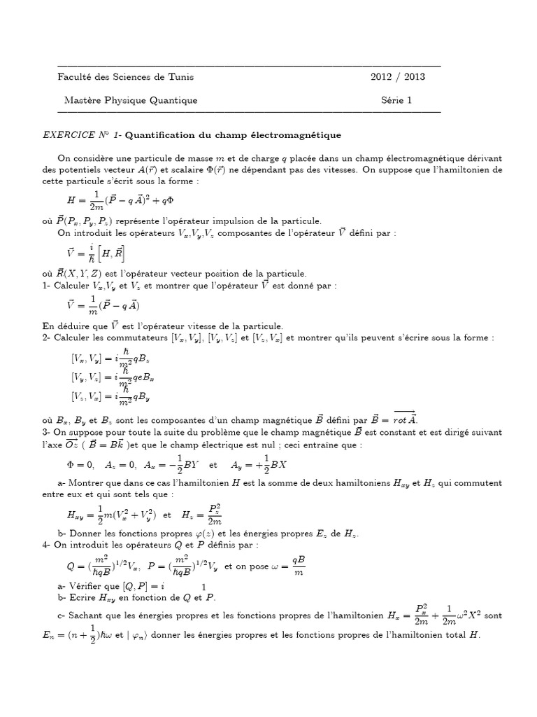 Exercices de Physique Quantique 2012-2013 | PDF | Champ (physique ...