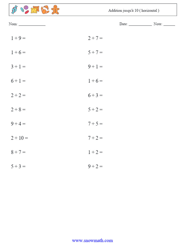 (20) Addition Jusqu'à 10 ( Horizontal ) 1QA | PDF