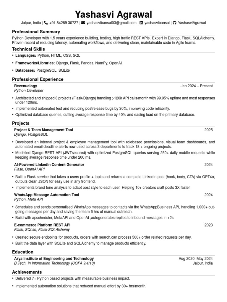 Python Developer with API Expertise | PDF | Databases | Python ...