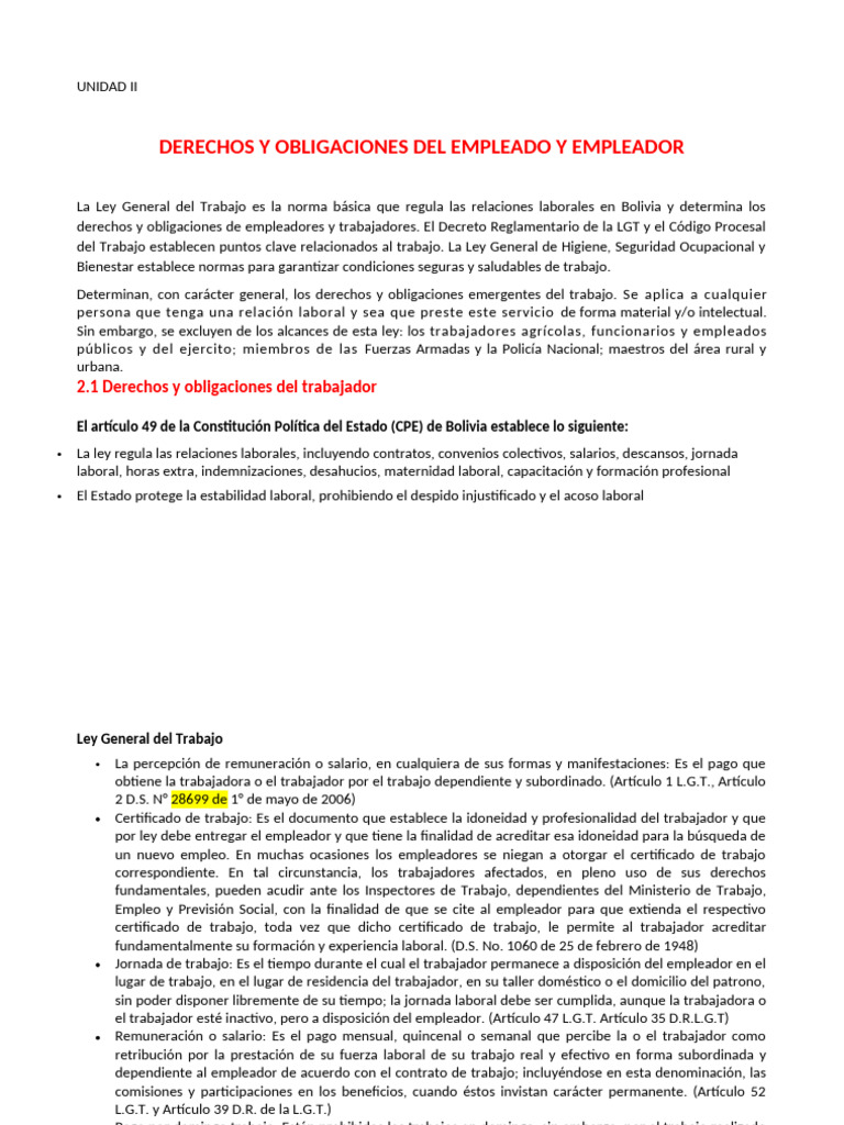 Derechos y Obligaciones Laborales en Bolivia | PDF | Derecho laboral ...
