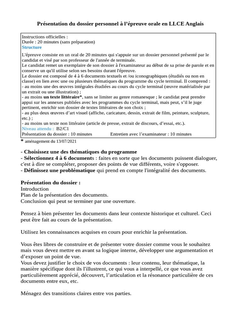 Dossier personnel oral LLCE Anglais | PDF