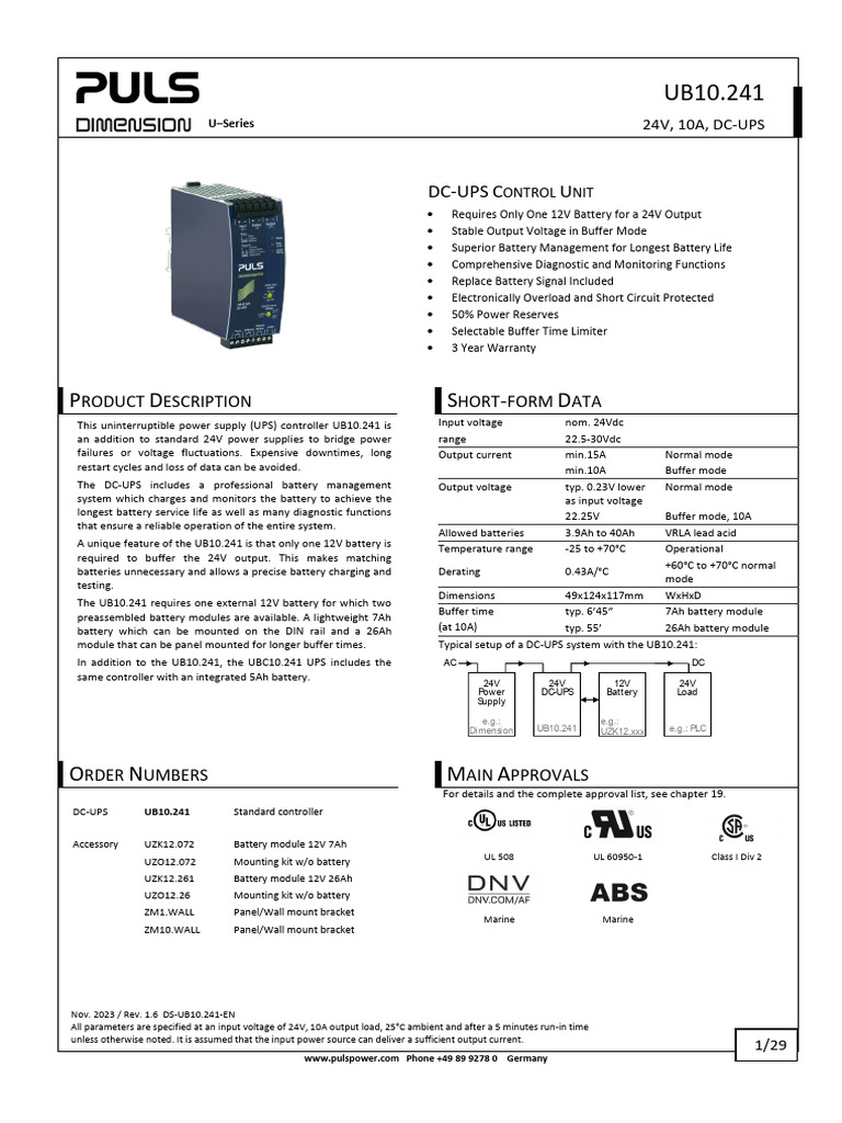 24V 10A DC-UPS Controller UB10.241 | PDF | Power Supply | Fuse (Electrical)