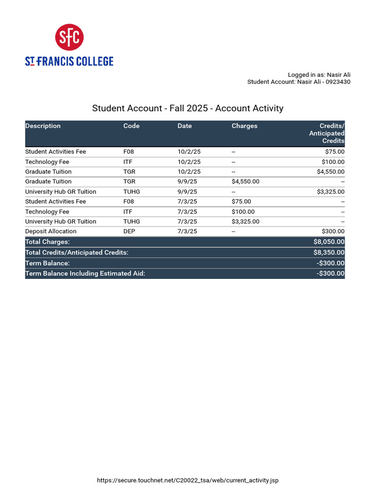 Fall 2025 Student Account Summary | PDF